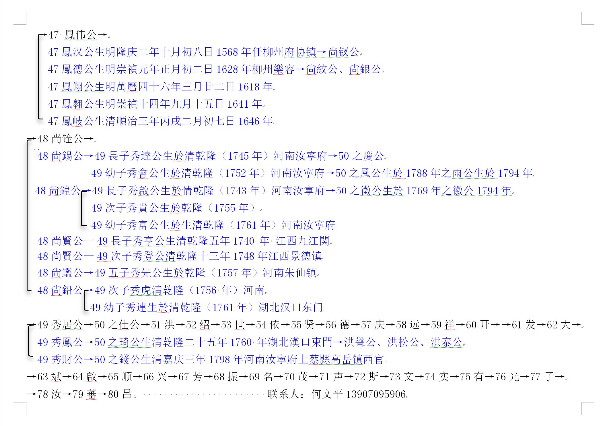 江西省南昌市新建区石岗镇罗山村庐江世家何家直系源流（外迁世系表）